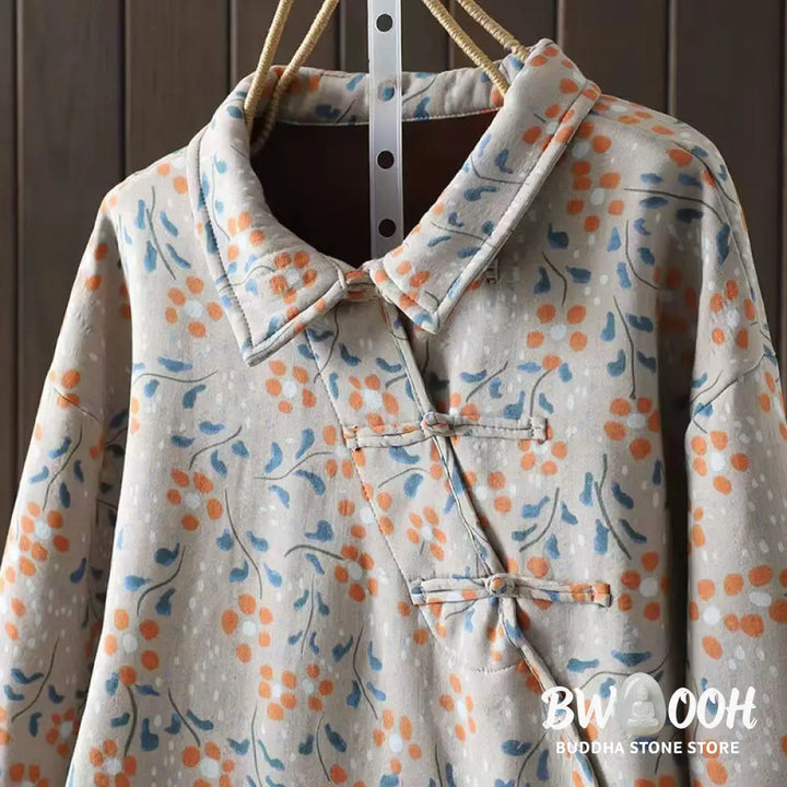 Buddha Stones Winter Flower Green Leaves Frog-Button Stand Collar Long Sleeve Women’s Cotton Shirt - Women’s Shirts