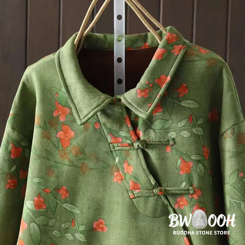 Buddha Stones Winter Flower Green Leaves Frog-Button Stand Collar Long Sleeve Women’s Cotton Shirt - Women’s Shirts