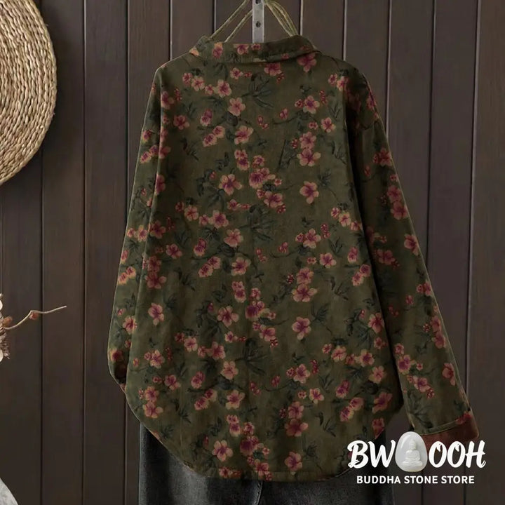 Buddha Stones Winter Flower Green Leaves Frog-Button Stand Collar Long Sleeve Women’s Cotton Shirt - Women’s Shirts