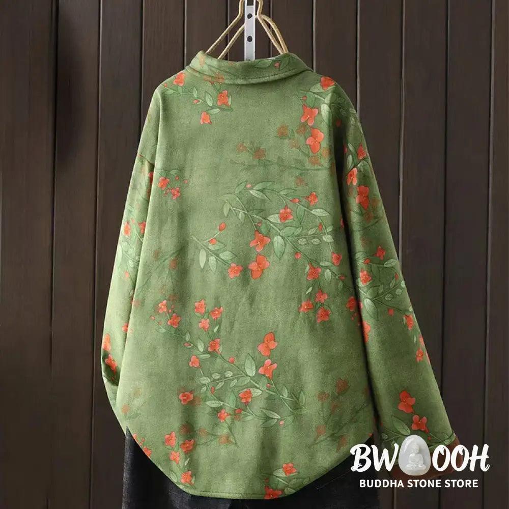 Buddha Stones Winter Flower Green Leaves Frog-Button Stand Collar Long Sleeve Women’s Cotton Shirt - Women’s Shirts