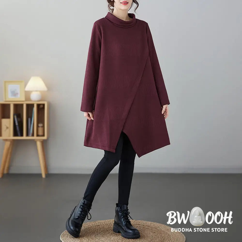 Buddha Stones Winter Irregular Hem Design Mock Neck Long Sleeve Midi Dress With Pockets - Midi Dress