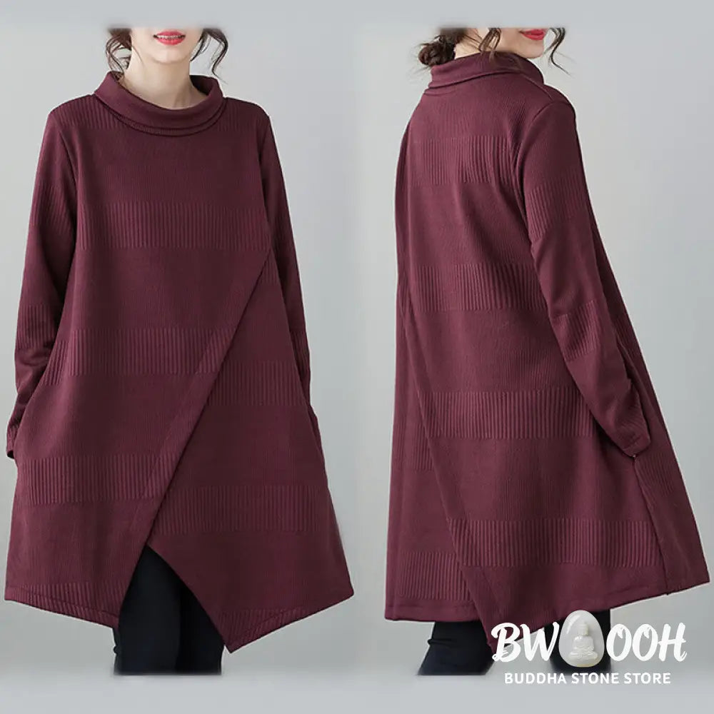 Buddha Stones Winter Irregular Hem Design Mock Neck Long Sleeve Midi Dress With Pockets - Midi Dress
