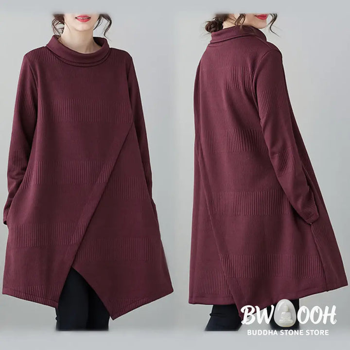 Buddha Stones Winter Irregular Hem Design Mock Neck Long Sleeve Midi Dress With Pockets - Midi Dress