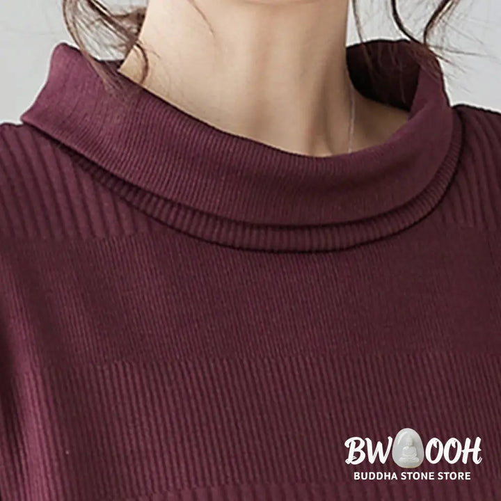 Buddha Stones Winter Irregular Hem Design Mock Neck Long Sleeve Midi Dress With Pockets - Midi Dress