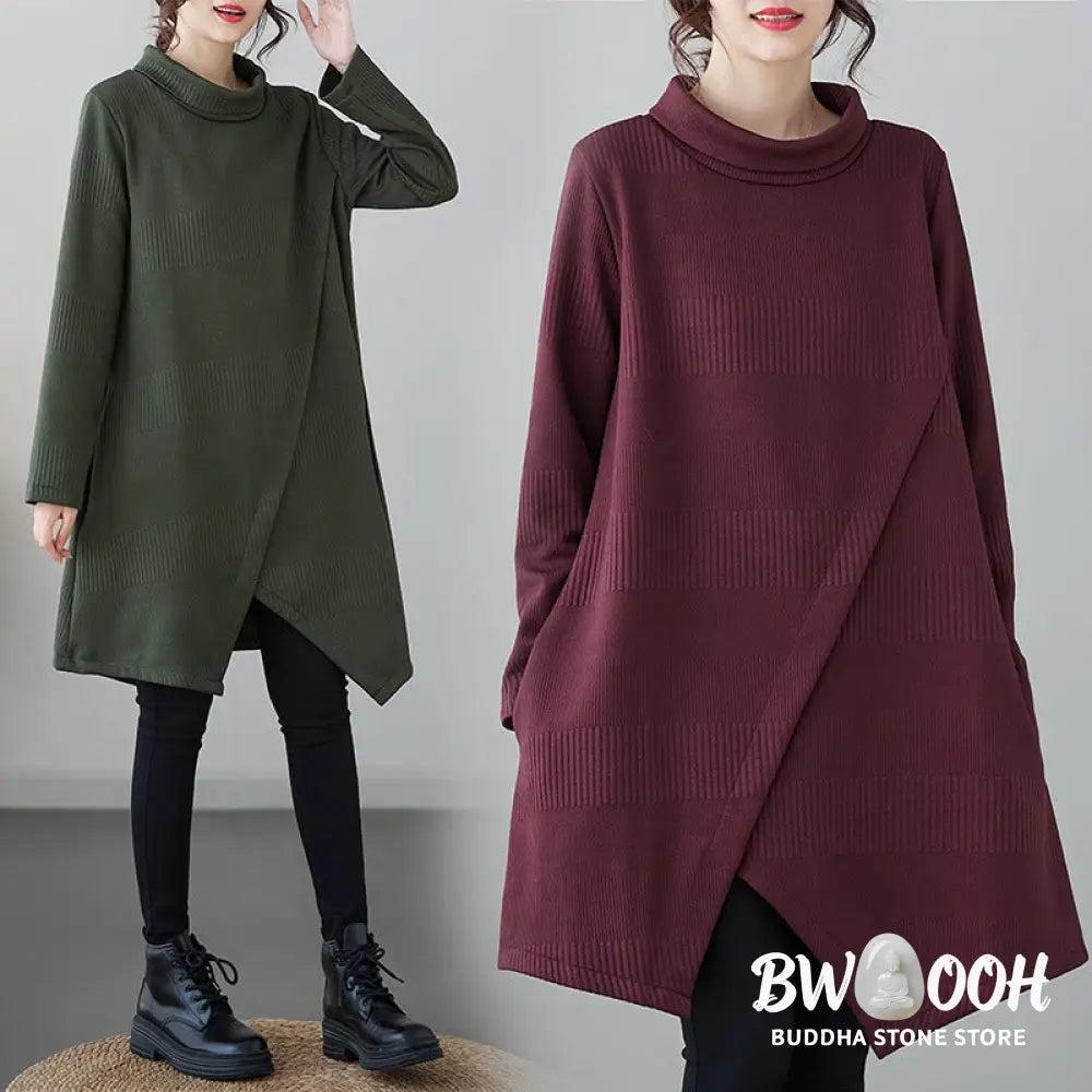 Buddha Stones Winter Irregular Hem Design Mock Neck Long Sleeve Midi Dress With Pockets - Midi Dress
