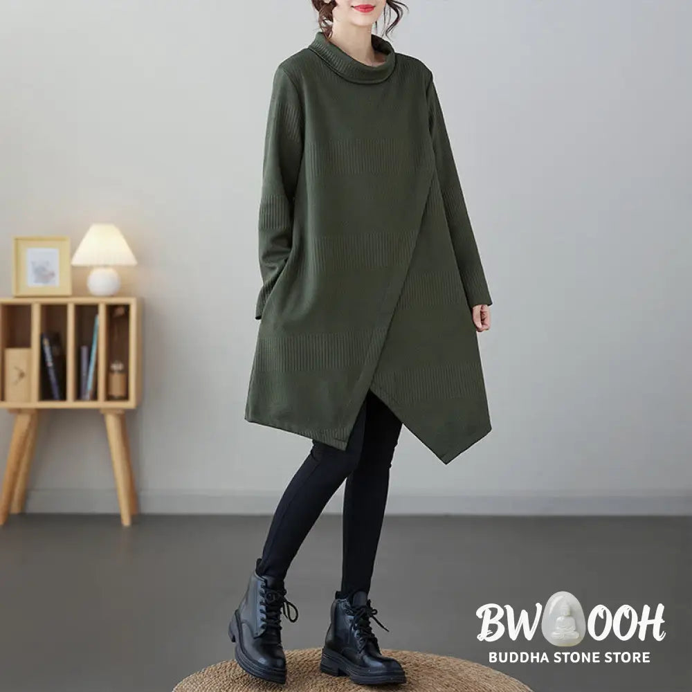 Buddha Stones Winter Irregular Hem Design Mock Neck Long Sleeve Midi Dress With Pockets - Midi Dress