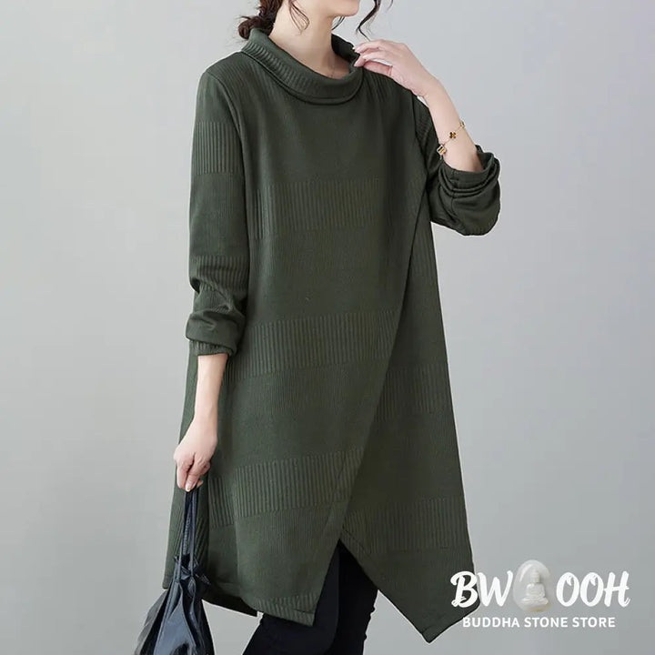 Buddha Stones Winter Irregular Hem Design Mock Neck Long Sleeve Midi Dress With Pockets - Midi Dress