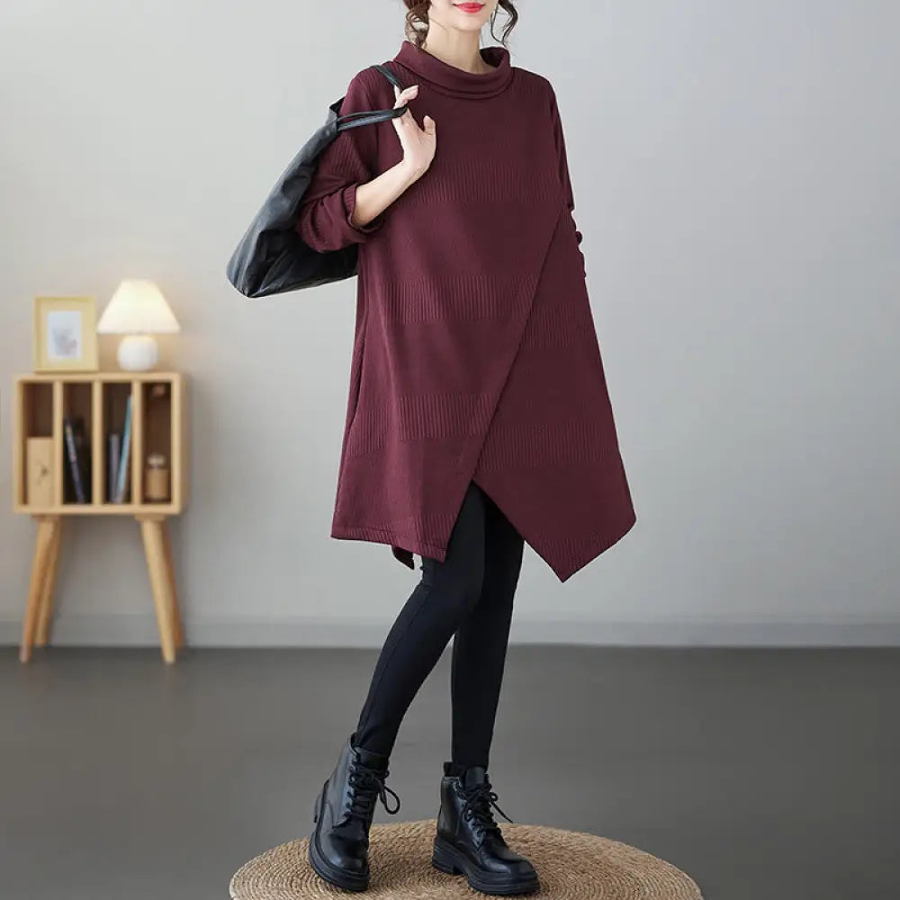 Buddha Stones Winter Irregular Hem Design Mock Neck Long Sleeve Midi Dress With Pockets - FireBrick / US6，UK/AU10，EU38