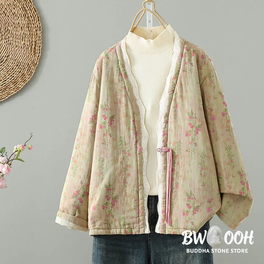 Buddha Stones Winter Lace Patchwork Long Sleeve Cotton Women’s Thermal Jacket With Pockets - Women’s Jacket