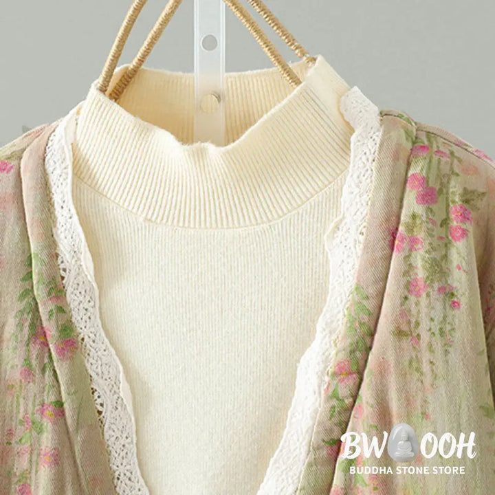 Buddha Stones Winter Lace Patchwork Long Sleeve Cotton Women’s Thermal Jacket With Pockets - Women’s Jacket