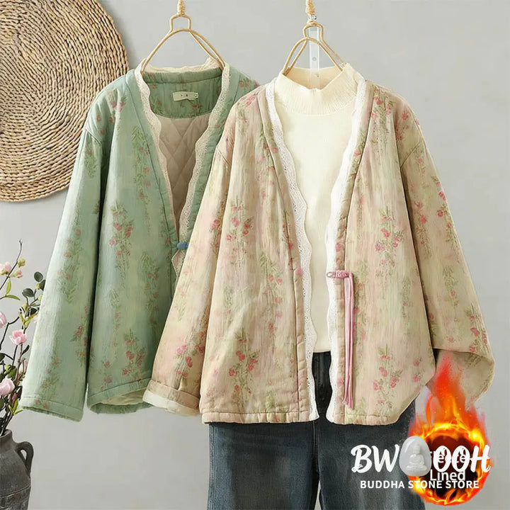 Buddha Stones Winter Lace Patchwork Long Sleeve Cotton Women’s Thermal Jacket With Pockets - Women’s Jacket