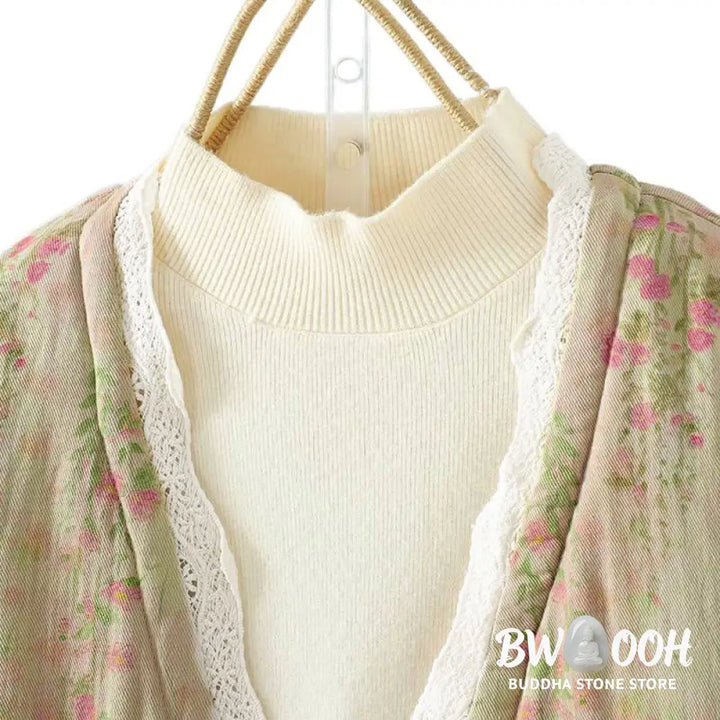 Buddha Stones Winter Lace Patchwork Long Sleeve Cotton Women’s Thermal Jacket With Pockets - Women’s Jacket