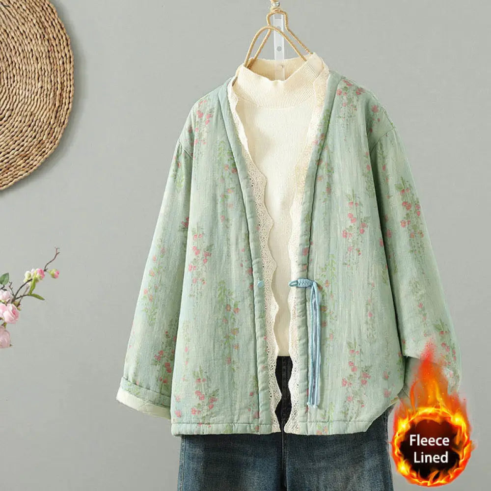 Buddha Stones Winter Lace Patchwork Long Sleeve Cotton Women’s Thermal Jacket With Pockets - MediumAquamarine