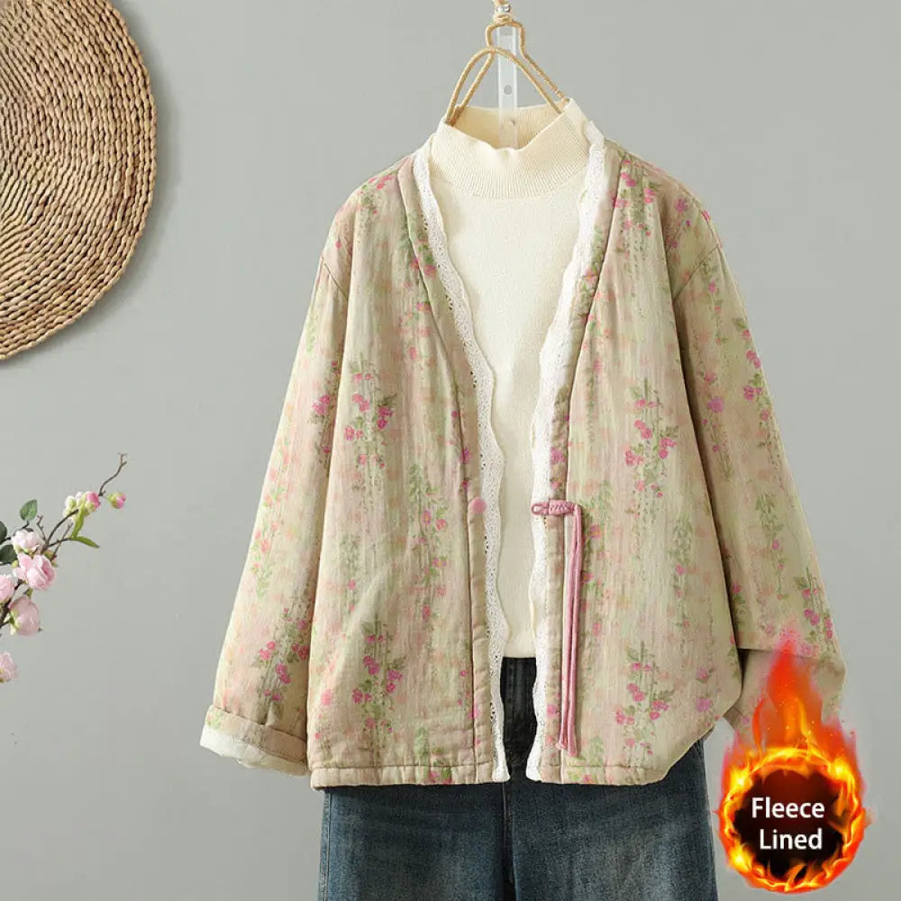 Buddha Stones Winter Lace Patchwork Long Sleeve Cotton Women’s Thermal Jacket With Pockets - PaleGoldenrod