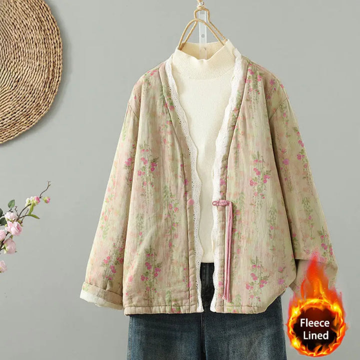 Buddha Stones Winter Lace Patchwork Long Sleeve Cotton Women’s Thermal Jacket With Pockets - PaleGoldenrod