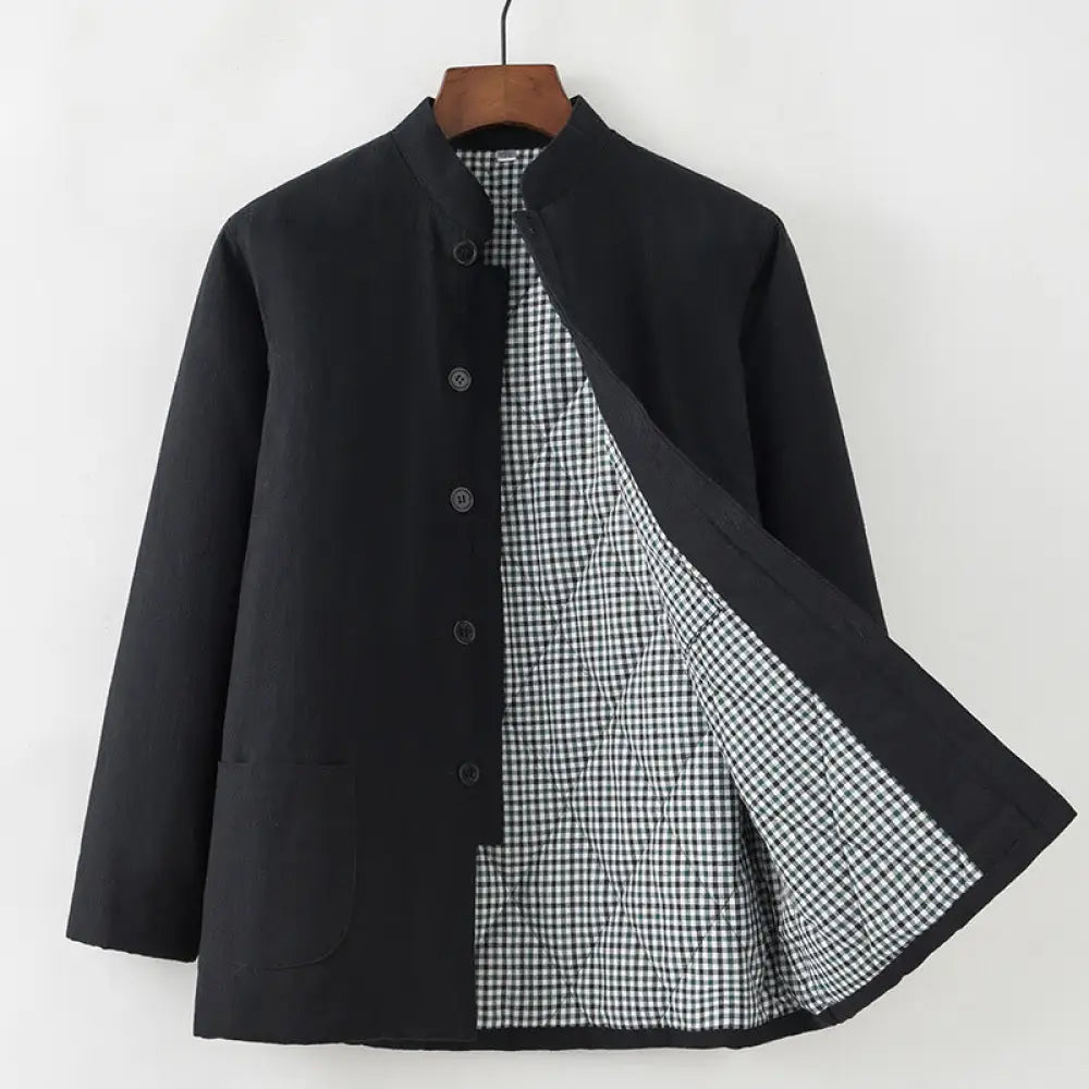 Buddha Stones Winter Men’s Frog-Button Tang Suit Linen Cotton Fleece Lined Jacket Shirt With Pockets - Black / Button