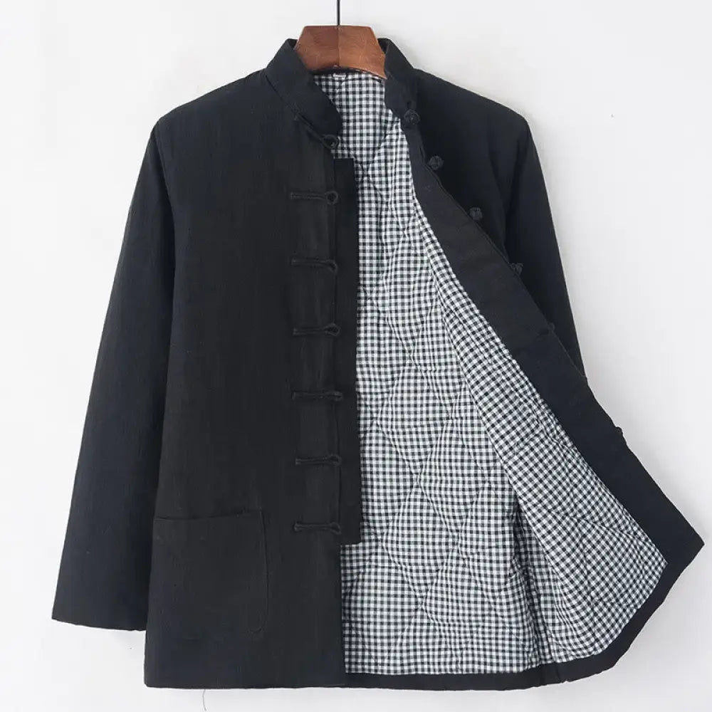Buddha Stones Winter Men’s Frog-Button Tang Suit Linen Cotton Fleece Lined Jacket Shirt With Pockets - Black