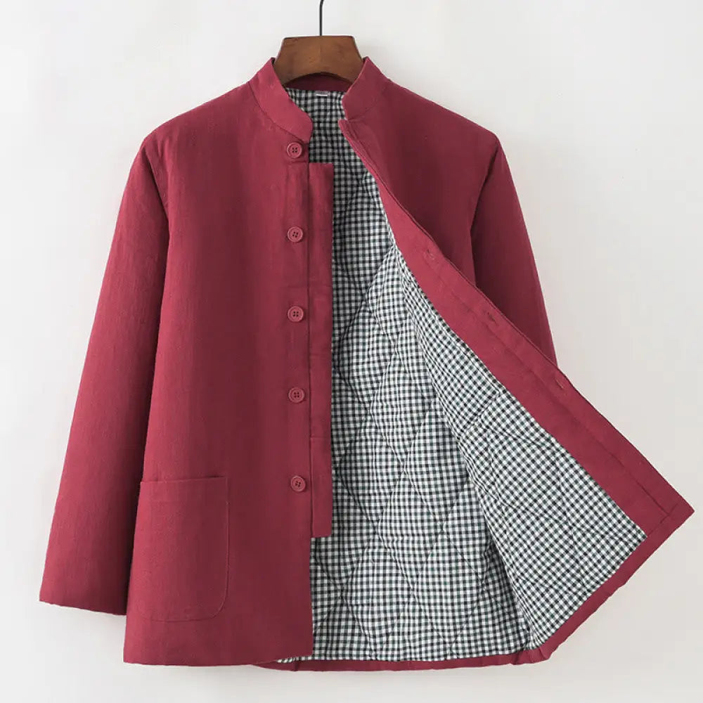 Buddha Stones Winter Men’s Frog-Button Tang Suit Linen Cotton Fleece Lined Jacket Shirt With Pockets - FireBrick