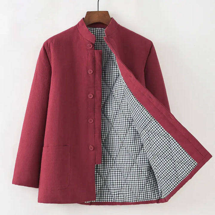 Buddha Stones Winter Men’s Frog-Button Tang Suit Linen Cotton Fleece Lined Jacket Shirt With Pockets - FireBrick