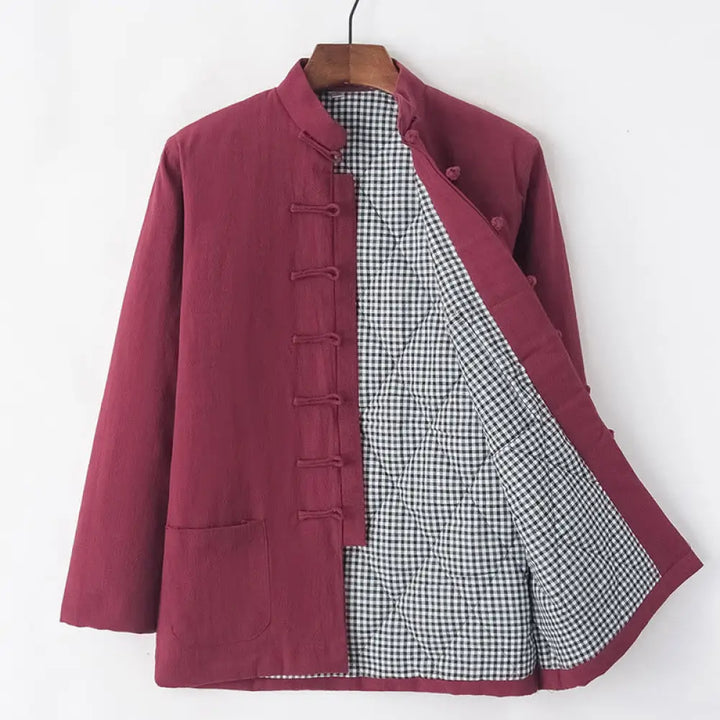 Buddha Stones Winter Men’s Frog-Button Tang Suit Linen Cotton Fleece Lined Jacket Shirt With Pockets - FireBrick