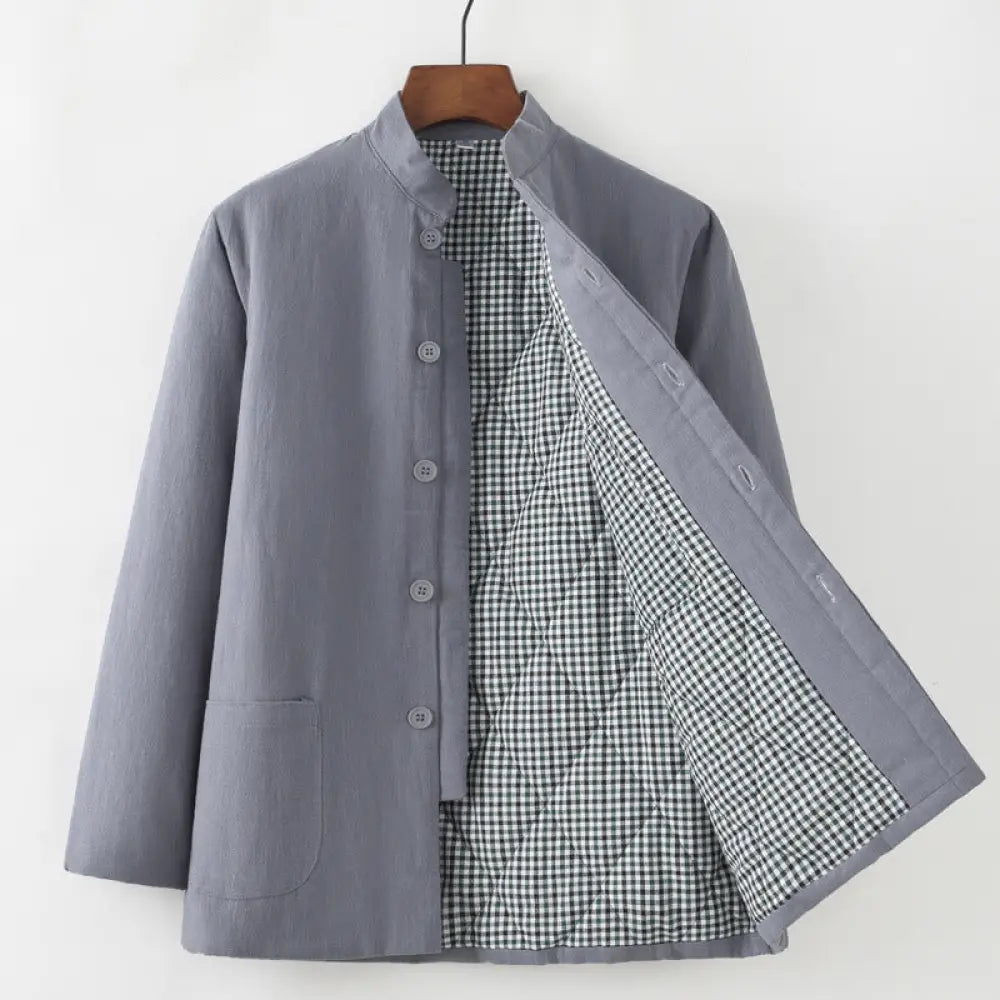 Buddha Stones Winter Men’s Frog-Button Tang Suit Linen Cotton Fleece Lined Jacket Shirt With Pockets - Gray / Button
