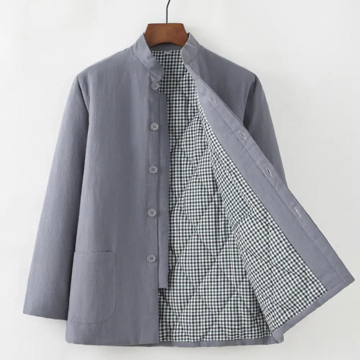 Buddha Stones Winter Men’s Frog-Button Tang Suit Linen Cotton Fleece Lined Jacket Shirt With Pockets - Gray / Button