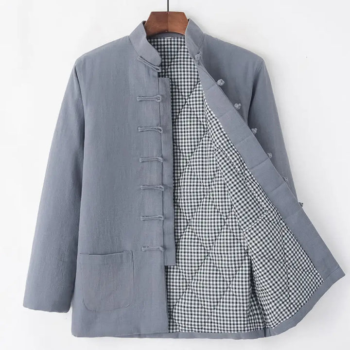 Buddha Stones Winter Men’s Frog-Button Tang Suit Linen Cotton Fleece Lined Jacket Shirt With Pockets - Gray