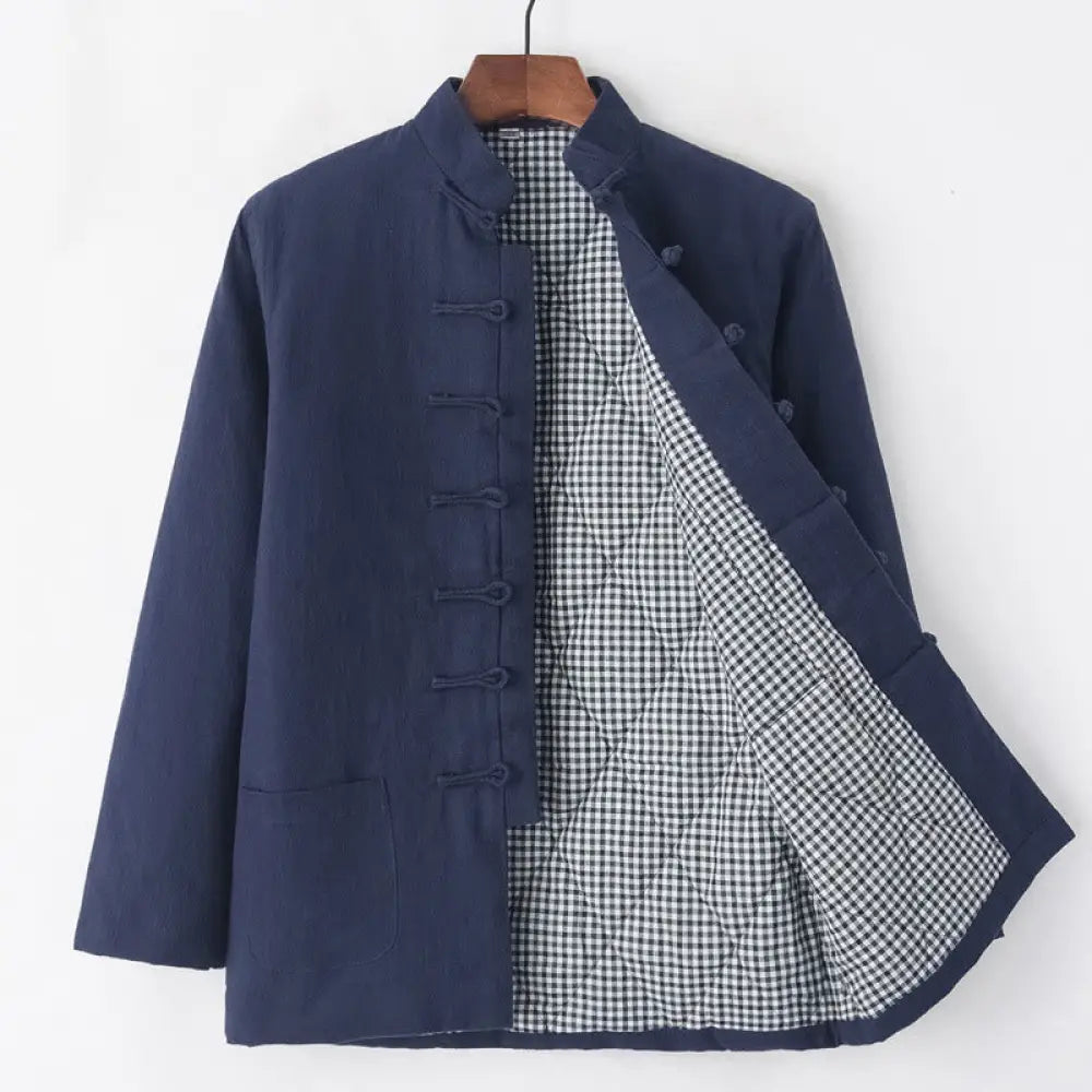 Buddha Stones Winter Men’s Frog-Button Tang Suit Linen Cotton Fleece Lined Jacket Shirt With Pockets - SteelBlue