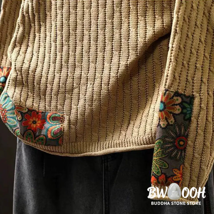 Buddha Stones Winter Patchwork Design Long Sleeve Crew Neck Women’s Cotton Sweater - Women’s Sweater