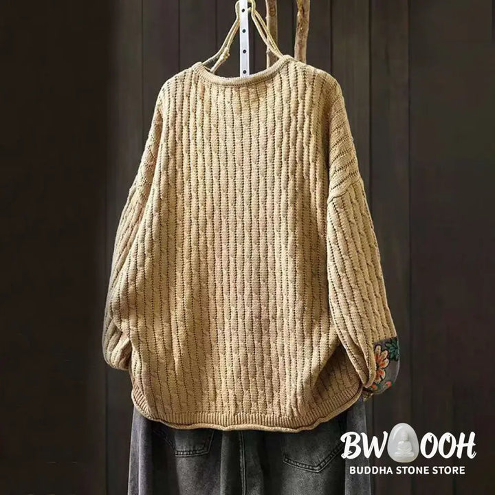 Buddha Stones Winter Patchwork Design Long Sleeve Crew Neck Women’s Cotton Sweater - Women’s Sweater