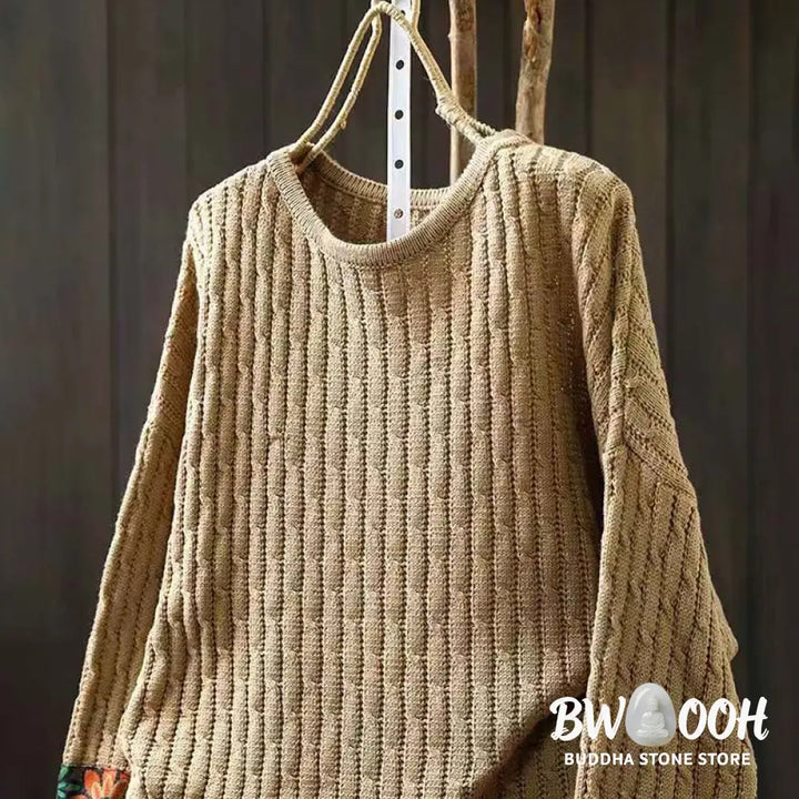 Buddha Stones Winter Patchwork Design Long Sleeve Crew Neck Women’s Cotton Sweater - Women’s Sweater