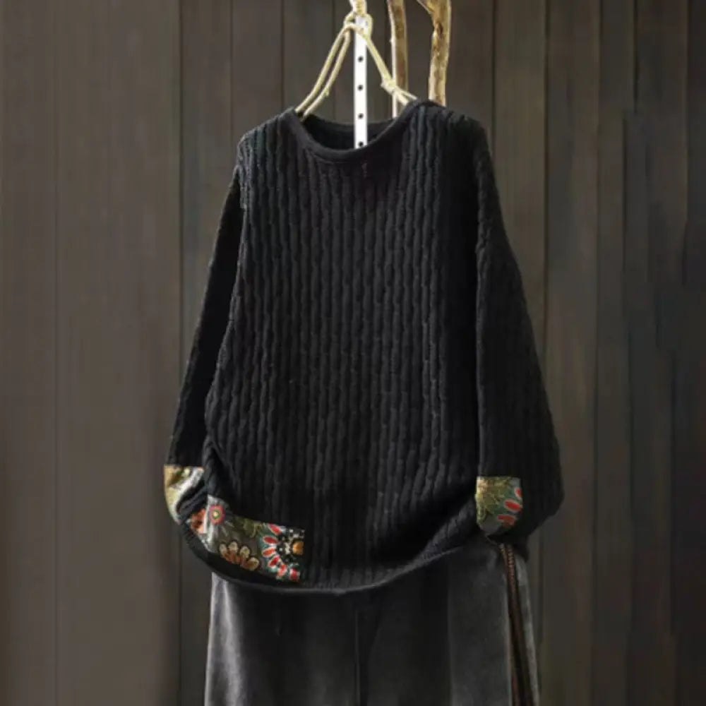 Buddha Stones Winter Patchwork Design Long Sleeve Crew Neck Women’s Cotton Sweater - Black / US4-12，UK/AU8-16，EU36-44