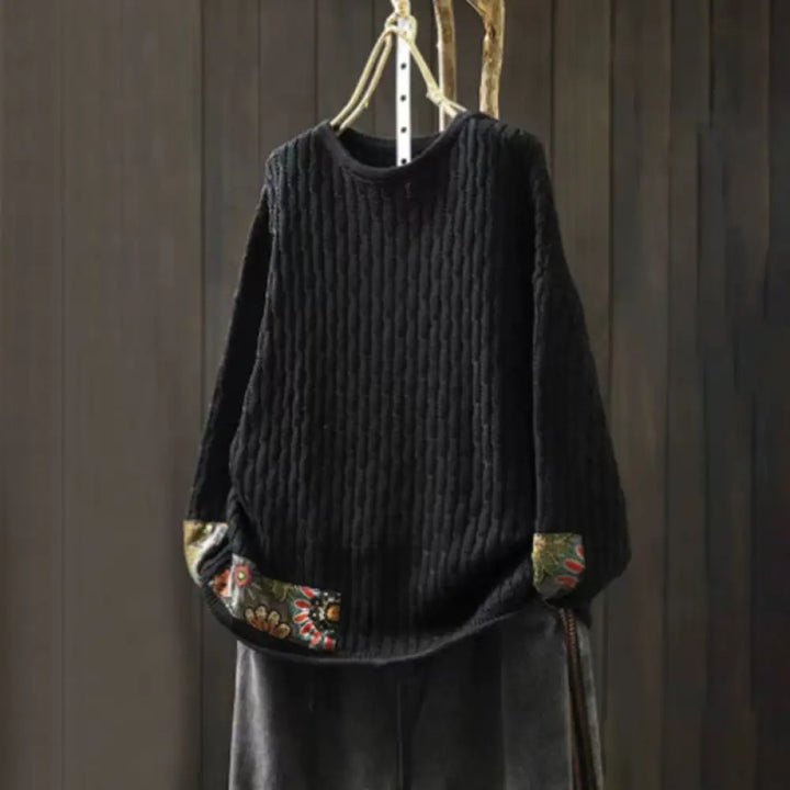 Buddha Stones Winter Patchwork Design Long Sleeve Crew Neck Women’s Cotton Sweater - Black / US4-12，UK/AU8-16，EU36-44