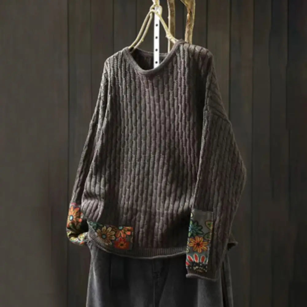 Buddha Stones Winter Patchwork Design Long Sleeve Crew Neck Women’s Cotton Sweater - DimGray / US4-12，UK/AU8-16，EU36-44