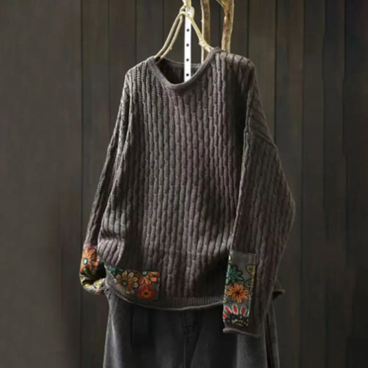 Buddha Stones Winter Patchwork Design Long Sleeve Crew Neck Women’s Cotton Sweater - DimGray / US4-12，UK/AU8-16，EU36-44
