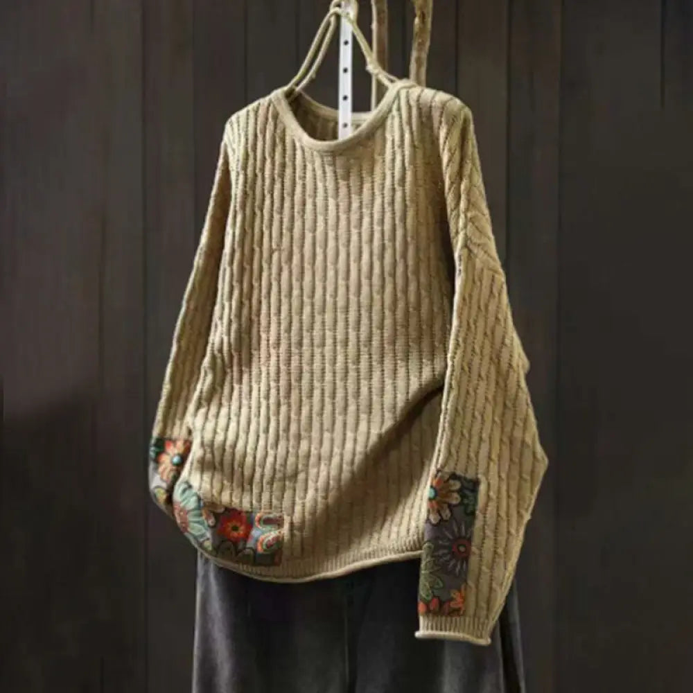 Buddha Stones Winter Patchwork Design Long Sleeve Crew Neck Women’s Cotton Sweater - PaleGoldenrod