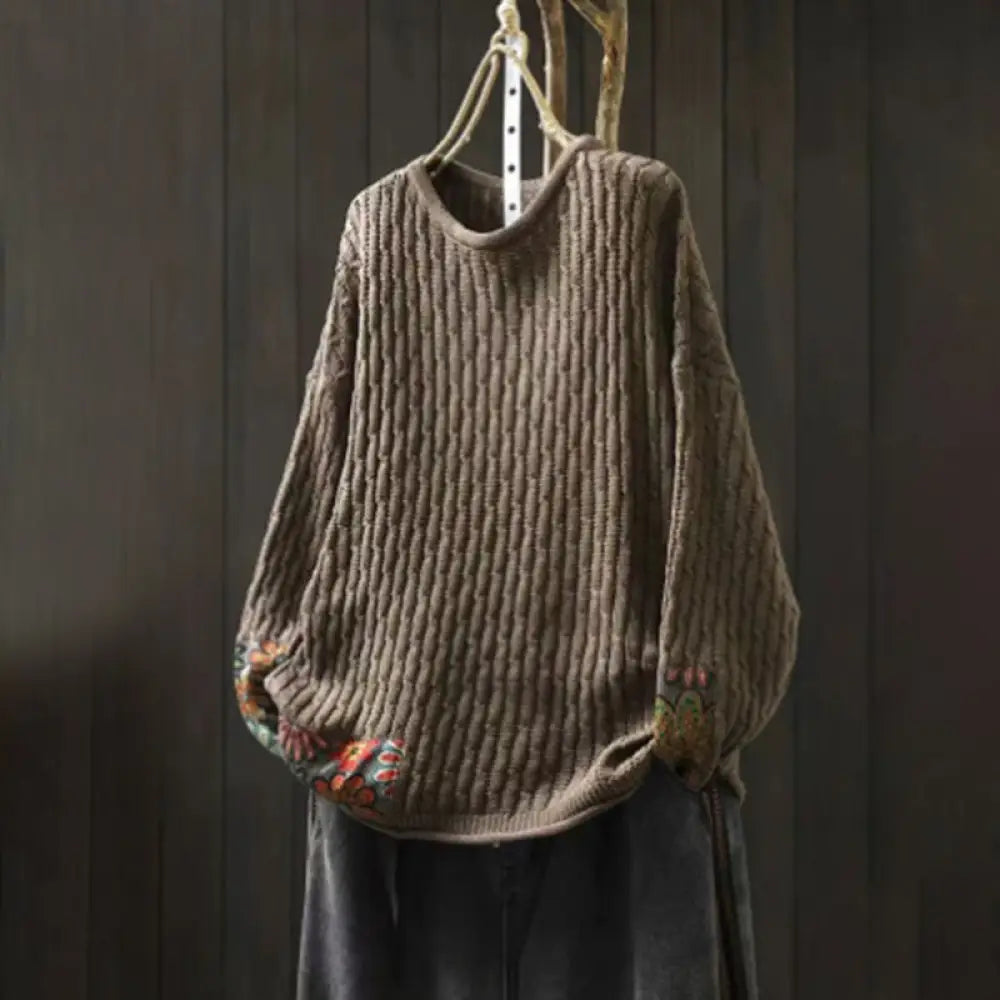 Buddha Stones Winter Patchwork Design Long Sleeve Crew Neck Women’s Cotton Sweater - Tan / US4-12，UK/AU8-16，EU36-44 (F)