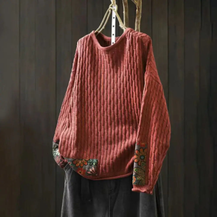 Buddha Stones Winter Patchwork Design Long Sleeve Crew Neck Women’s Cotton Sweater - Tomato / US4-12，UK/AU8-16，EU36-44