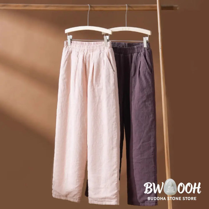 Buddha Stones Winter Plain Cotton Thermal Women’s Wide Leg Pants With Pockets - Women’s Wide Leg Pants