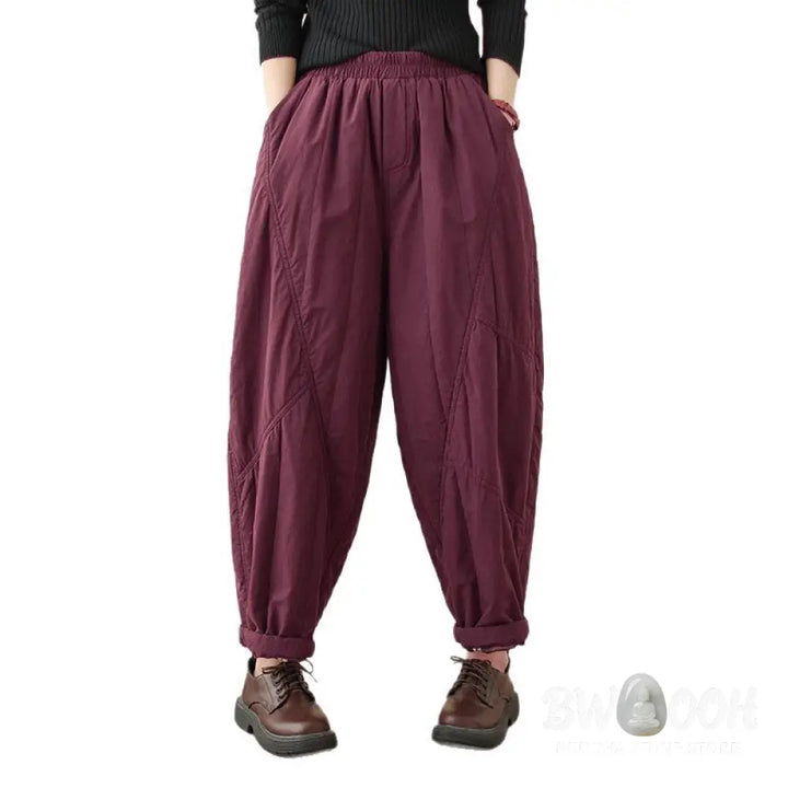 Buddha Stones Winter Plain High Waist Cotton Women’s Harem Thermal Elastic Waist Pants With Pockets - Women’s Harem