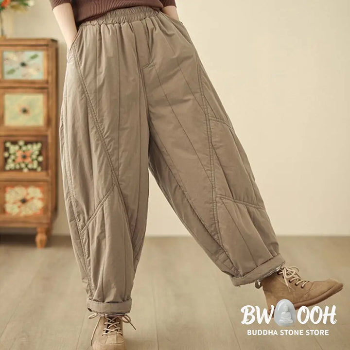 Buddha Stones Winter Plain High Waist Cotton Women’s Harem Thermal Elastic Waist Pants With Pockets - Women’s Harem