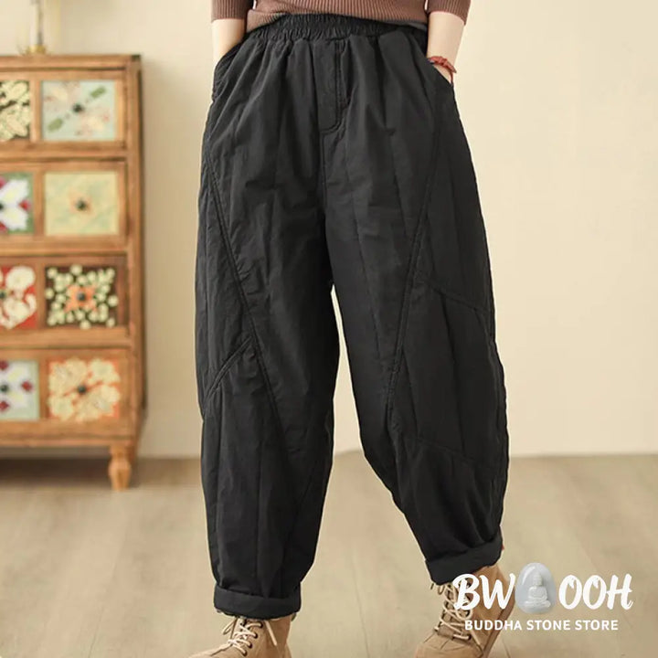Buddha Stones Winter Plain High Waist Cotton Women’s Harem Thermal Elastic Waist Pants With Pockets - Women’s Harem