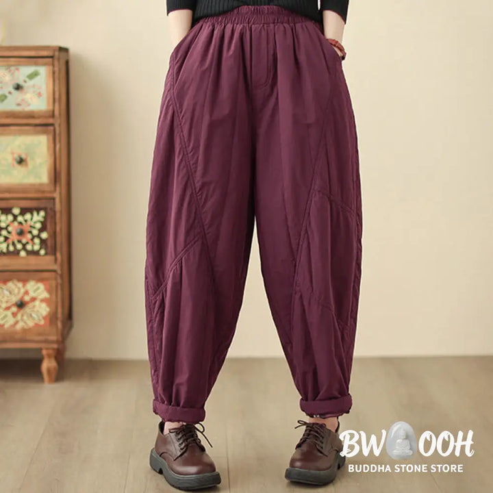Buddha Stones Winter Plain High Waist Cotton Women’s Harem Thermal Elastic Waist Pants With Pockets - Women’s Harem