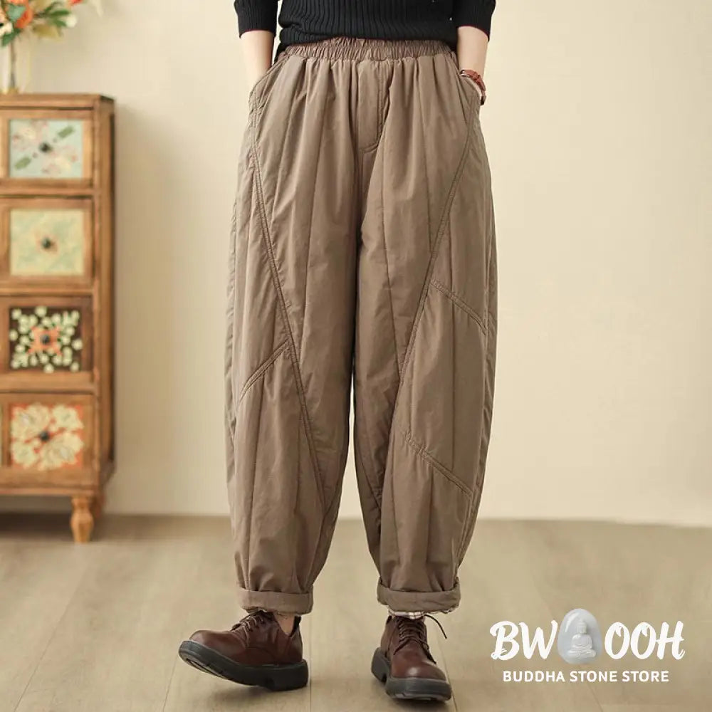 Buddha Stones Winter Plain High Waist Cotton Women’s Harem Thermal Elastic Waist Pants With Pockets - Women’s Harem