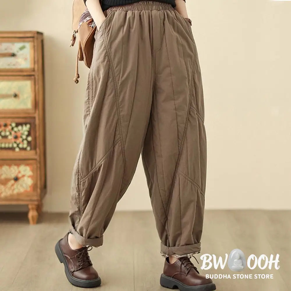 Buddha Stones Winter Plain High Waist Cotton Women’s Harem Thermal Elastic Waist Pants With Pockets - Women’s Harem