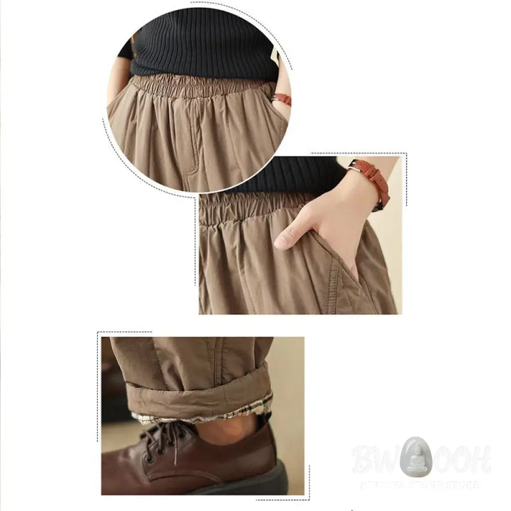 Buddha Stones Winter Plain High Waist Cotton Women’s Harem Thermal Elastic Waist Pants With Pockets - Women’s Harem