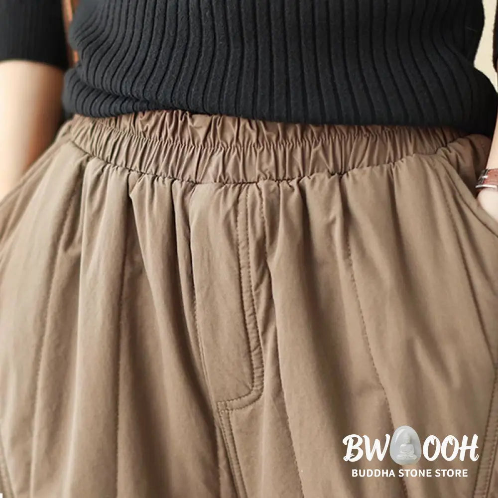 Buddha Stones Winter Plain High Waist Cotton Women’s Harem Thermal Elastic Waist Pants With Pockets - Women’s Harem