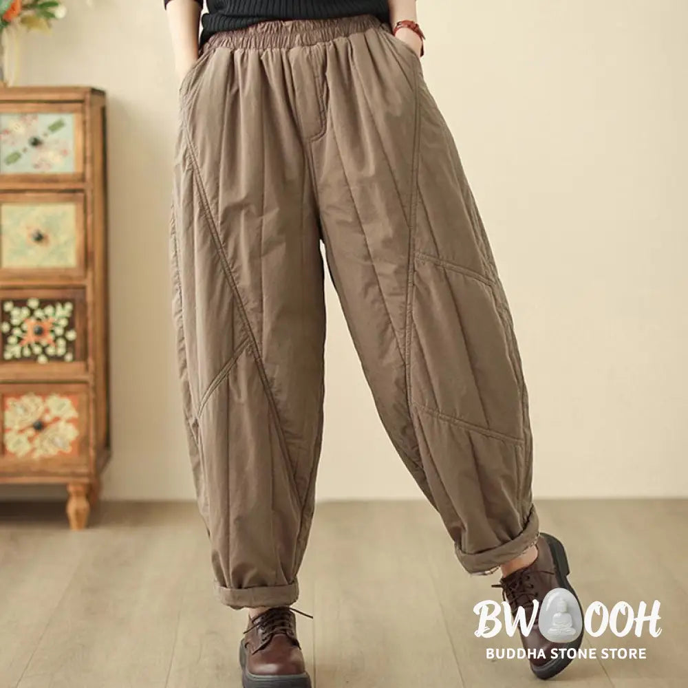 Buddha Stones Winter Plain High Waist Cotton Women’s Harem Thermal Elastic Waist Pants With Pockets - Women’s Harem