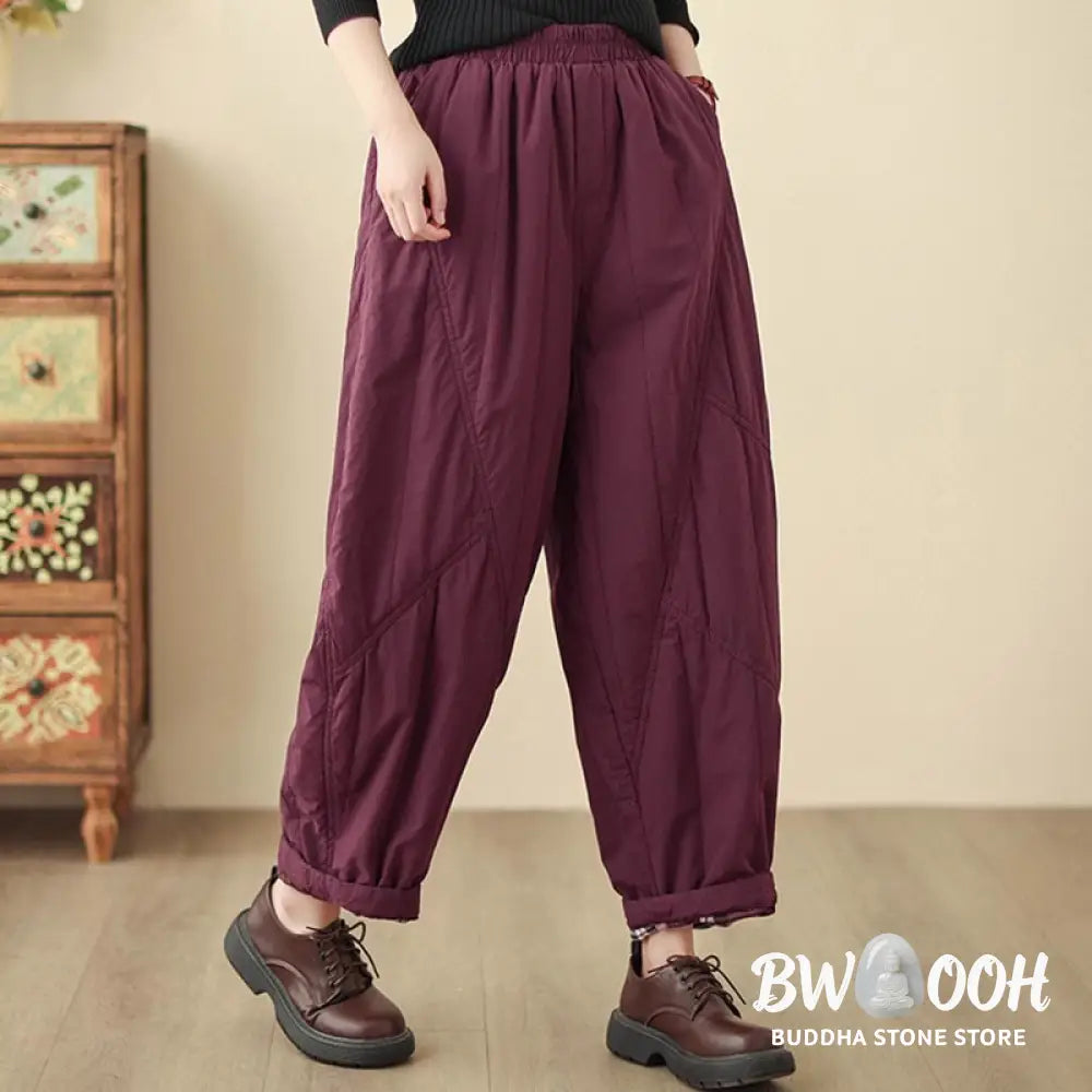 Buddha Stones Winter Plain High Waist Cotton Women’s Harem Thermal Elastic Waist Pants With Pockets - Women’s Harem