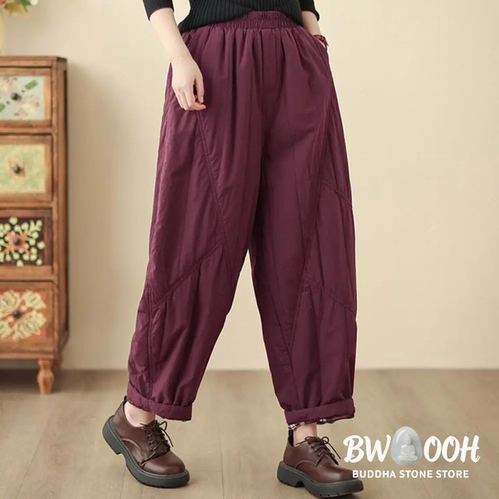 Buddha Stones Winter Plain High Waist Cotton Women’s Harem Thermal Elastic Waist Pants With Pockets - Women’s Harem